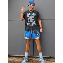 BOOMLEMON Mens Mesh Graphic Print Shorts Retro Casual Fashion Cool Shorts Active Basketball Streetwear Short Pants(Magic Blue M)