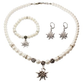 Jewellery Set Costume Necklace Pearl Necklace and Edelweiss Bracelet and Earrings – Women's Dirndl Necklace, Pearl Bracelet and Costume Earrings Rhinestone Edelweiss for Costume Blouse, Dirndl