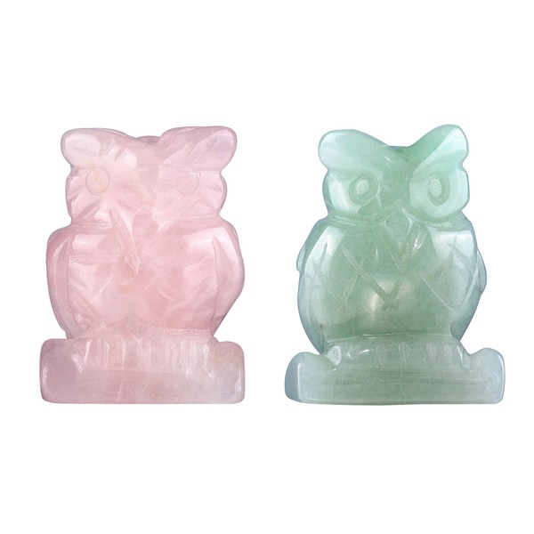 CrystalTears - 2 figuras de búho de cristal curativo talladas a mano, cuarzo rosa, aventurina verde, cristales curativos Reiki, estatua de búho para meditación, paz y decoración del hogar, 3,8 cm