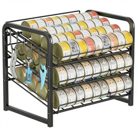 Iron Cat Food Container, Can Organizer for Pantry, Pet Food Storage Containers, 3-Tier Can Stackable Storage Rack with 6 Fixed Hooks, Canned Goods Organizer for Countertop Kitchen Cabinet, Black