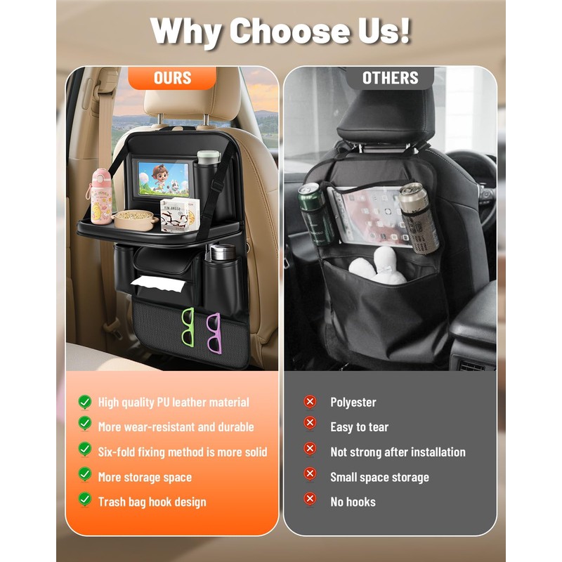 2 Pack Leather Car Backseat Organizer with Foldable Table Tray,