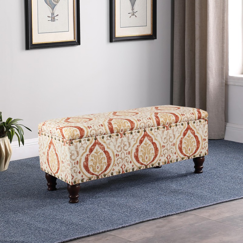 HomePop Large Storage Bench with Nailhead Trim -Orange and Cream