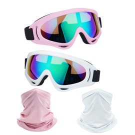 LJDJ Motorcycle Goggles,2 Pack Dirt Bike ATV Motocross Riding Hiking Protective with 2 Pack Neck Breathable Bandana Mask (Light pink + White/Colorful)