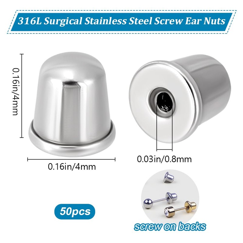 Beebeecraft 1 Box 50Pcs Screwback Earring Backs 316L Stainless Steel