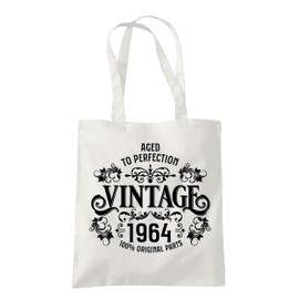 Dead Set Studio 60th Birthday Gifts For Women, Vintage 1964 60th Birthday Tote Bag, 60th Gift For Her, Cotton Fabric Shoulder Reusable Shopper Bag, 60th Anniversary Present NATURAL