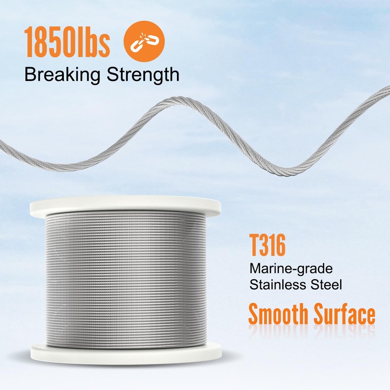 BLIKA 200FT 1/8" Stainless Steel Cable, T316 Marine Grade, Stainless