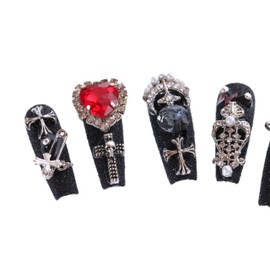 PN-025 Press-On Nails Varnished Pack of 10 Reusable Artificial Premium Nails Love & Dead Gothic Punk Crystal Heart Glitter Black