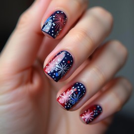 24Pcs 4th of July Press on Nails Short Square Fake Nails with Designs Red Blue White Fireworks False Nails Full Cover Stick on Nails Patriotic Acrylic Nails Independence Day Glue on Nails for Women