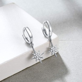 925 Sterling Silver Star Charms Hoop Earrings for Women, 18K Gold Plated, Huggie Dangle Hoops with Cubic Zirconia (silver)