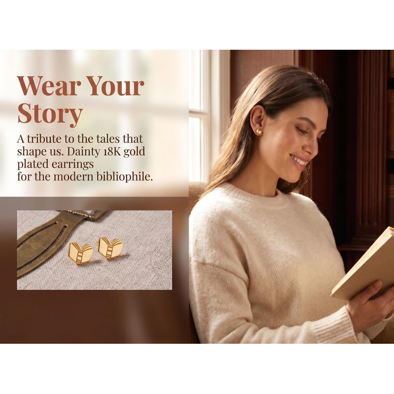 Aswinfon 18K Gold Plated Open Book Stud Earrings Dainty Back