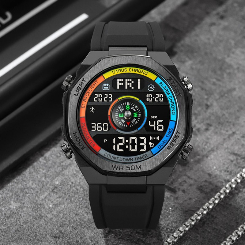 Outdoor Sports Electronic Watch Multifunctional Stylish Pedometer Compass Luminous Waterproof