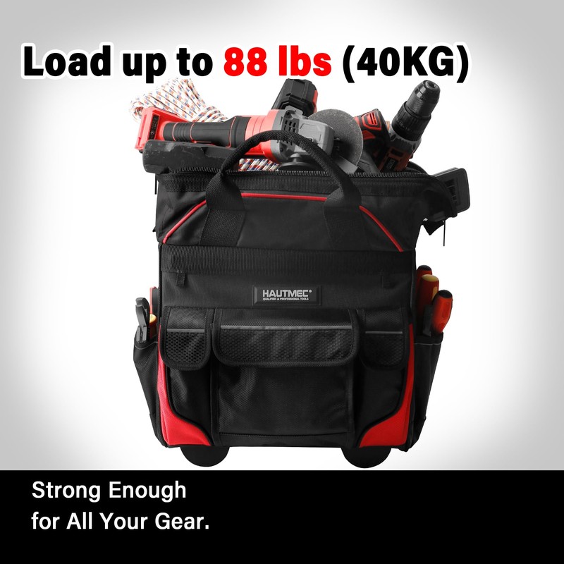 HAUTMEC 14.5" Rolling Tool Bag with Wheels, 25-Pocket Portable Tool
