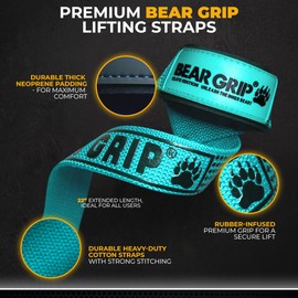 BEAR GRIP Straps - Premium Neoprene Padded, Double Stitched Heavy Duty Weight Lifting Straps with Gel Grip, 100% Cotton, Extra Long Length (Pastel Laqua)