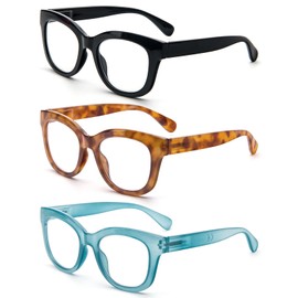 DXYXYO Oversized Oprah Style Reading Glasses for Women, 3 Pack Square Blue Light Blocking Computer Readers with Spring Hinge, 1.0+ Black Light-blue Yellow-leopard