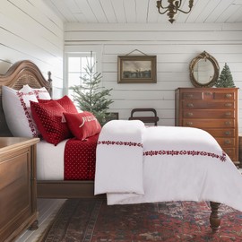 Levtex Home - Holly & Thistle Duvet Cover Set - King Duvet Cover (106 x 94in.) + Two King Pillow Shams (36 x 20in.) - Embroidered Border Christmas - Red and White - Cotton