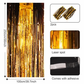 2pcs 3.2 x 8.3ft Glitter Black and Gold Foil Fringe Curtain Backdrop Tinsel Curtain Party Streamers Curtain Backdrop Decorations for Birthday School Graduation Hen Girls Party Decorations