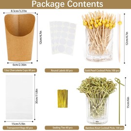 Charcuterie Box,60 Sets Charcuterie Cups,Charcuterie Accessories,Snack Cup,Charcuterie Cones,12oz French Fries Holder with Cocktail Bamboo Skewers Toothpicks 60 Cups+200 Sticks+60 Bags+60 Labels