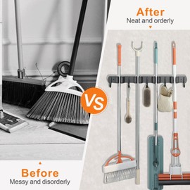 CUXIXA Mop and Broom Holder Wall Mount, Upgraded Broom Organizer Wall Mount, Stainless Steel Broom Hanger Wall Mount for Kitchen Garden Laundry Room Decor(4 Racks with 5 Hooks Black)