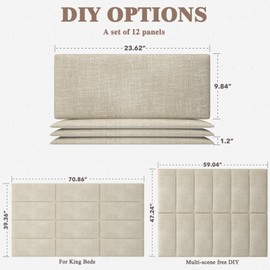 Upholstered Headboard for King Size Bed, Wall Mounted & Peel and Stick Headboard, Soundproof DIY Wall Panels, Fabric Tufted Head board in Modern Design for Bedroom (12 Panels, Each 23.62"x9.84"）