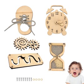 5 Pieces Busy Board DIY Parts - Sensory Board Parts -Wooden Activity Parts -Maze-Learning Clock- Gear-Sand Clock-Learn to Tie Shoe Laces Kids- Montessori Educational Items