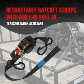 MOTO4U Auto Retractable Ratchet Straps 2-Pack | 1” x 10ft (1500lb Break Strength) | Heavy Duty Motorcycle Tie Downs Straps with Integrated Soft Loops for Truck, Trailer, Motorcycle