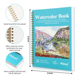 Phinus 30 Sheets Watercolor Sketchbook 5.5 x 8.5 Inch, Watercolor Paper Cold Press (140lb/300gsm), Spiral Bound Water Color Pad for Adults Kids, Mixed Media, Markers and Art Journaling