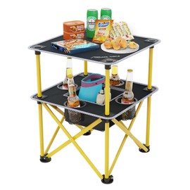ARMOR CASTLE Folding Camping Table, Portable Outdoor Picnic Table, Lightweight Square Camp Table with Built-in 4 Cup Holders Food Basket and Travel Bag for Barbeque Beach Camping and Tailgate