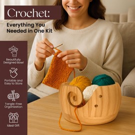 LE MIRIELLE - Wooden Yarn Bowl for Crochet – Crochet Yarn Holder + Complete Knitting Tools Kit, Gifts for Knitters, Large Crochet Bowl Organizer for Yarn, Hooks & Accessories