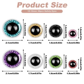 Ouligay 36PCS Crochet Safety Eyes, Stuffed Animal Eyes for Amigurumi 3D Glitter Eyes for Crochet Animals with Washers 12/14/16/18mm for DIY Making of Bear Crafts Toy Doll Crafts, 8 Colors