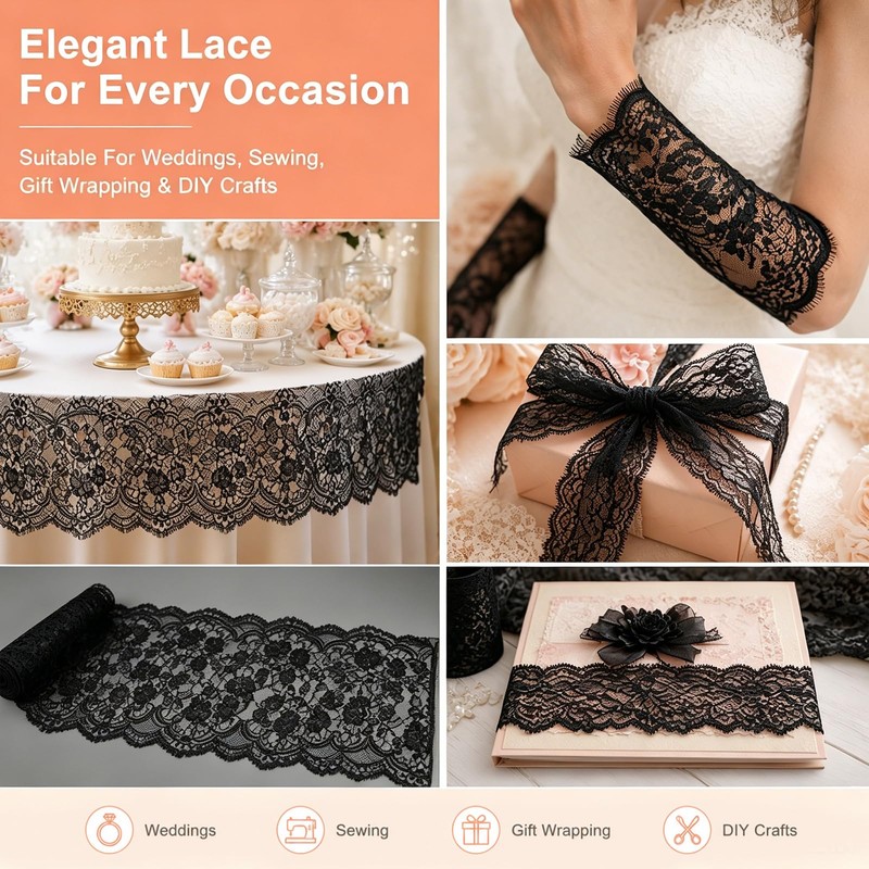 16.5" Wide 3.2 Yard Black Eyelash Lace Fabric,Floral Embroidery Trim