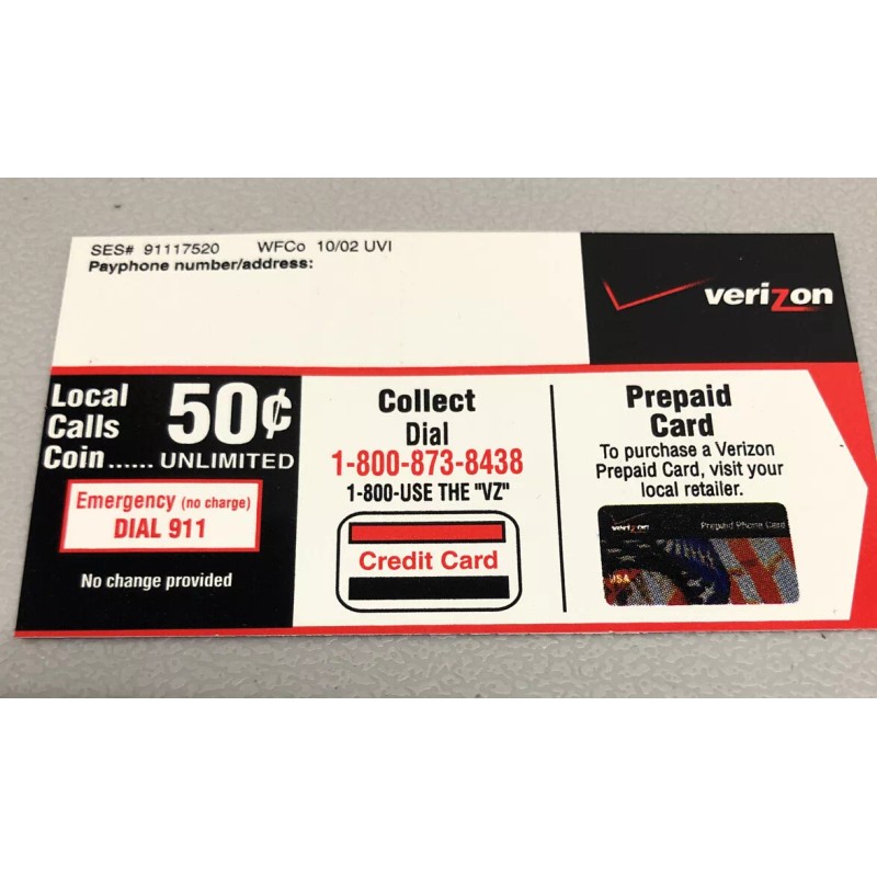 Automatic Electric Verizon PAYPHONE INSTRUCTION CARDS For Automatic Electric 120B