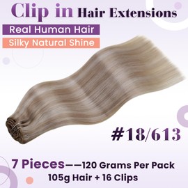 LaaVoo Clip-In Blonde Real Hair Extensions, Thick Hair, for Complete Clip-In Hair Extensions, Ash Blonde, Highlight Bleached Blonde, Remy Extensions, 7 Pieces, 120 g, 40 cm