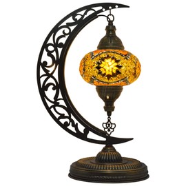 mozaist Turkish Lamp, Unique Lamps, Moon Shaped Mosaic Table Lamp, Moroccan Handmade Antique Bohemian Vintage Lamp Shade, Tiffany Desk Bedside Stained Glass Lamp with US Plug and E12 Socket