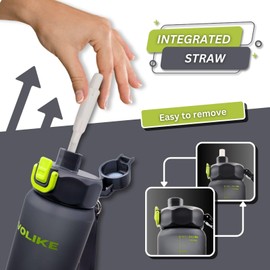 Evolike Water Bottle With Straw (Removable) Drinking Bottle 1 Litre Space Frosted Design Leak-Proof BPA-Free Non-Slip Bottle With Pop-Up Lid (Grey)