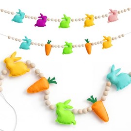 2 guirnaldas de madera de Pascua de 8.5 pies, pancarta de Pascua con relleno 3D, guirnalda de conejo de fieltro con cuentas de madera, zanahoria, pancarta colgante con cuerda para decoración de