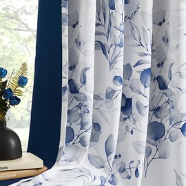 Xwincel 100% Blackout Curtains Blue Floral Pattern Curtains 84 Inches Long for Bedroom Watercolor Leaf Print Thermal Insulated Drapes for Living Room Darkening Rod Pocket Window Curtains 2 Panels