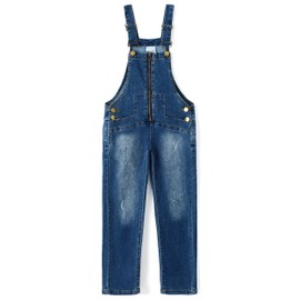 KIDSCOOL SPACE Slim Kid Boy Girl Denim Overalls, Cardigan Style Zipper Front Jeans Dungarees, Blue,6-7 Years