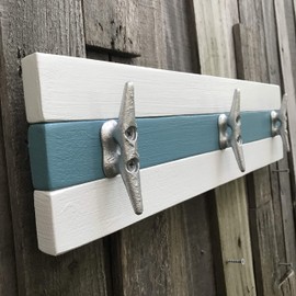 Nautical Boat Cleat Coat Rack, Towel Rack, or Hat Rack, White and Lakeshore Blue