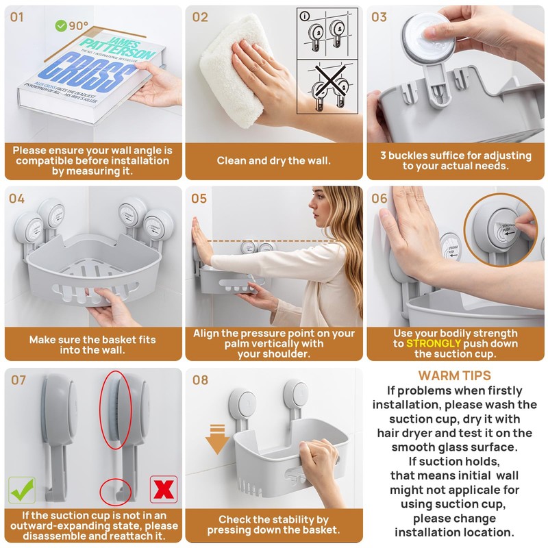 LEVERLOC Corner Shower Caddy Suction Cup, 2 Pack Powerful Suction