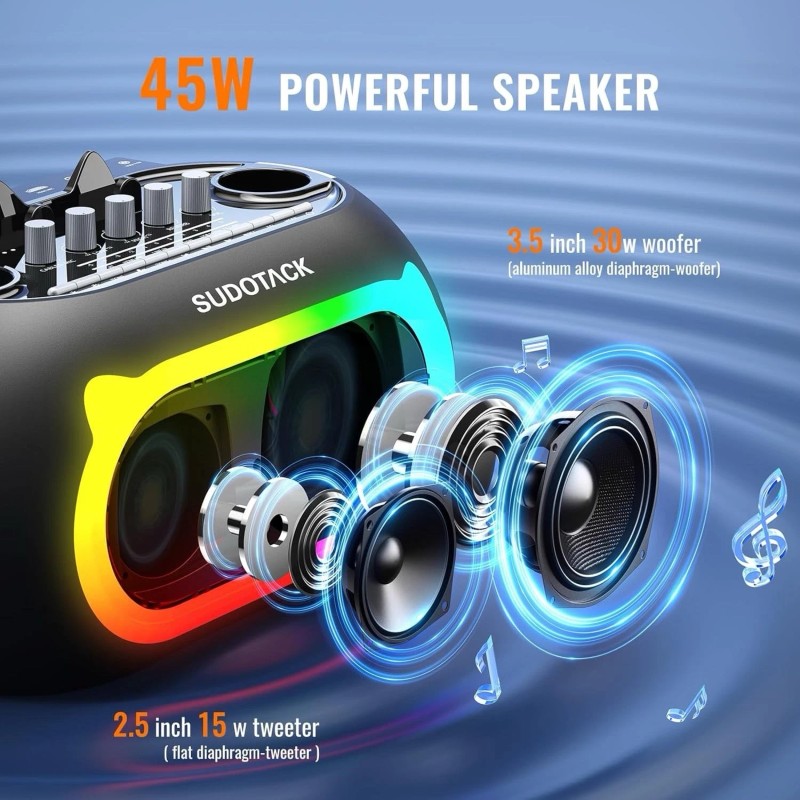 SUDOTACK Portable Karaoke Machine with LED Lights, 2 Wireless Mics,