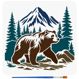FINGERINSPIRE Wild Bear Stencil with a Brush 11.8x11.8Inch Mountain Forest Painting Stencil Reusable Stone Grass Template Animal Theme Decoration Template for Painting on Wood Wall Floor Furniture