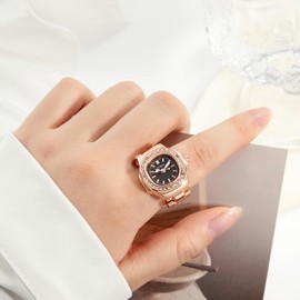 JewelryWe Ring Watch Finger Watch Women's Watches Square Quartz Analogue Adjustable Metal Ring Watch Women Glitter Rhinestone Finger Ring Watch Ring with Black Rectangular Dial, Rose gold dark grey,