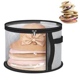 fufupaw Round Hat Box with Lid, Grey Hat Box, Hat Box with Lid and Zip, 42 x 42 x 26 cm, Practical Storage Solution for Hats, Ideal for Home and On the Go