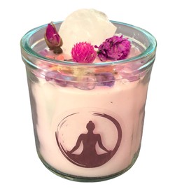 Steinfixx® Große Edelsteinkerze "Meditation" im Glas mit Anleitung | Duftkerze | Ritualkerze | Kristallkerze mit Blüten | Amethyst, Rosenquarz, Bergkristall | Jasmin