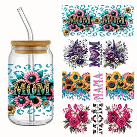 4pcs Mom Sunflower Flower UV DTF Cup Wraps Transfer Waterproof Sticker for Glass Cups Furniture Craft DIY Crafts，Rub on Transfer Stickers for DIY Water Bottle Laptop Decal Wood Car