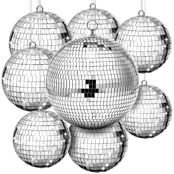 8 Pcs Large Disco Ball Set Silver Mirror Disco Balls Reflective Ball with Hanging Ring Party Hanging Ornament Decoration for Stage Club Ballroom Dance Hall Wedding Prom Props Supplies, 8'' 6'' 4''