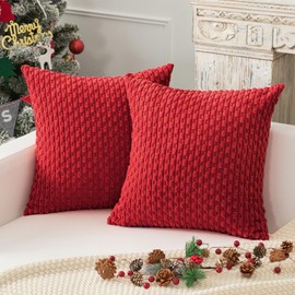 K KEVIN TEXTILE Pack of 2 Red Corduroy Decorative Throw Pillow Covers 24x24 Inch Soft Boho Striped Pillow Covers Modern Farmhouse Home Decor for Autumn Sofa Living Room Couch Bed