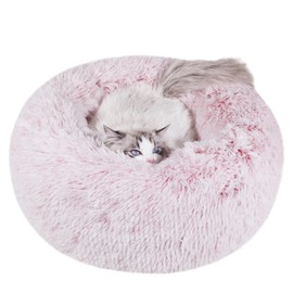 Round Calming Dog & Cat Bed, Anti-Anxiety Donut Cuddler Warming Cozy Soft Round Bed, Fluffy Faux Fur Plush Cushion Bed, Washable Soft Warm Pet Bed with Non-Slip Bottom (Plum red, S(25*25*8in))