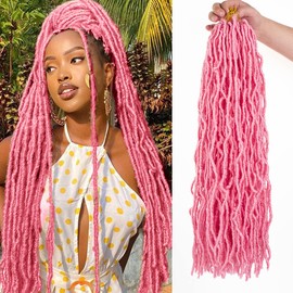 Leeven 24 Inch Pink Soft Locs Crochet Hair 6 Packs Pre Looped Distressed Faux Locs Natural Butterfly Locs Boho Goddess Locs Curly Synthetic Braids Hair for Women