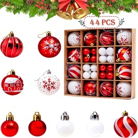 Pack of 44 Plastic Christmas Baubles, Red White Christmas Tree Decorations Baubles, Shatterproof Christmas Tree Decoration Baubles, for Christmas Tree, Holiday, Party Decorations (Red and White)